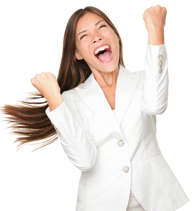 Happy winner - success business woman celebrating screaming and dancing of joy after winning something. Beautiful mixed race Chinese Asian / Caucasian businesswoman in white cheerful over her success. Isolated on white background.
